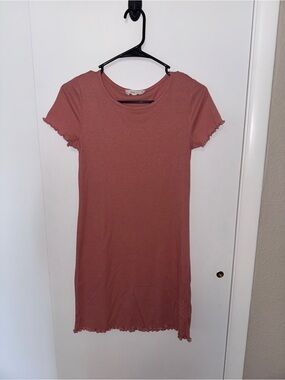 Pink Rose Ribbed Crewneck Mini Dress in Rose Mauve
